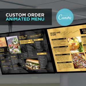 3 - Custom Order Animated Digital TV Editable Canva Menu Board Screen for Restaurant Pizza Burger Cafe Breakfast Drive Thru Food Truck