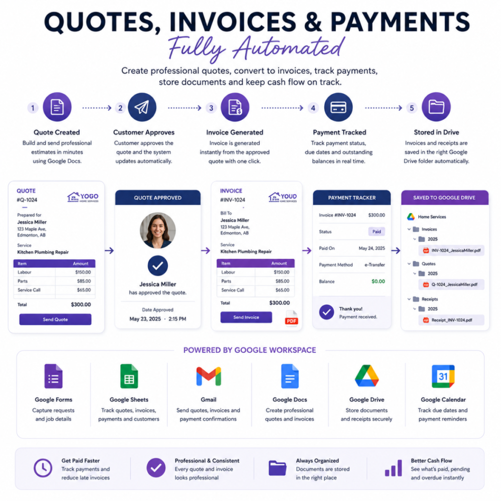 Automated quotes, invoices, and payments process