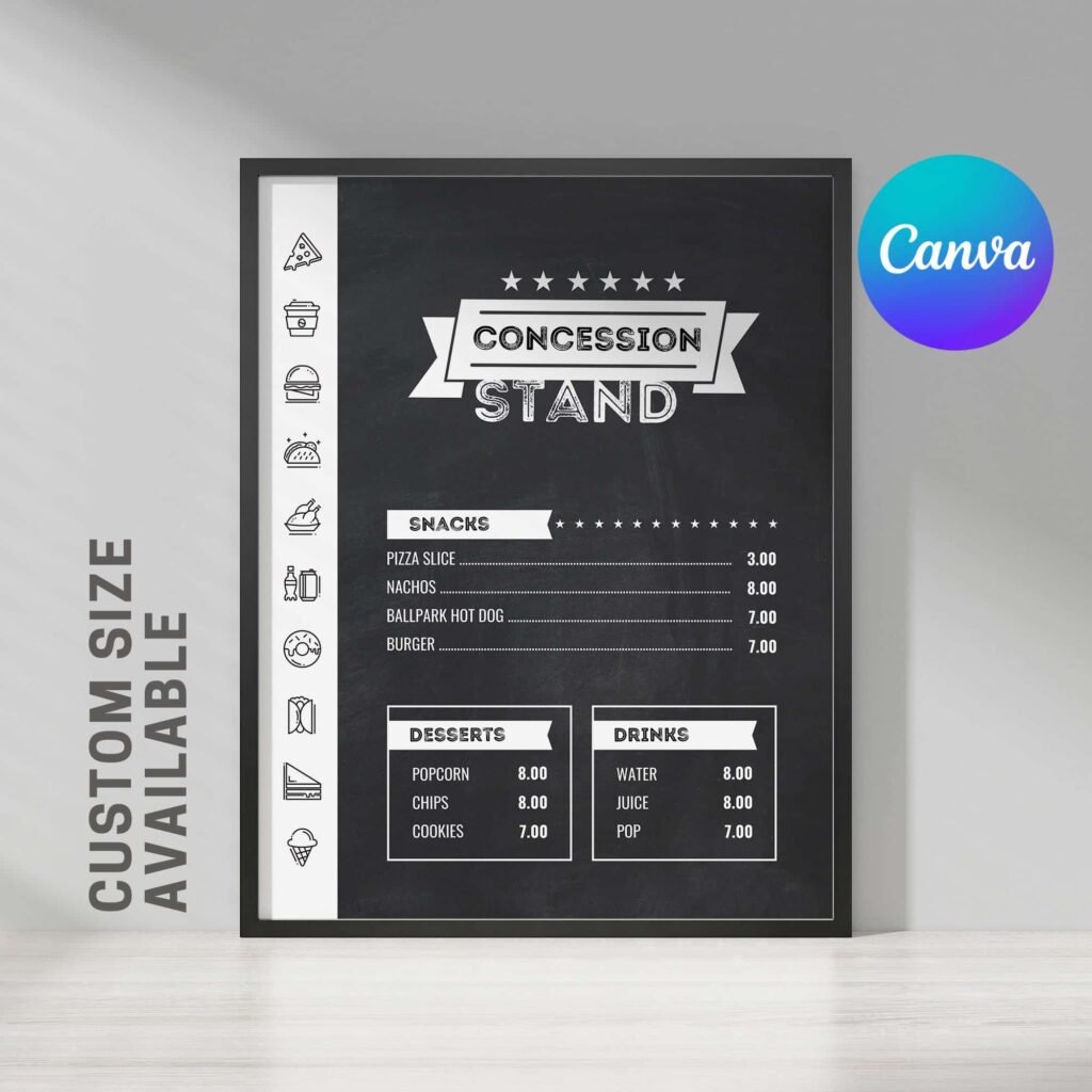 Printable DIY Concession Menu Sign Canva Template Chalkboard Style