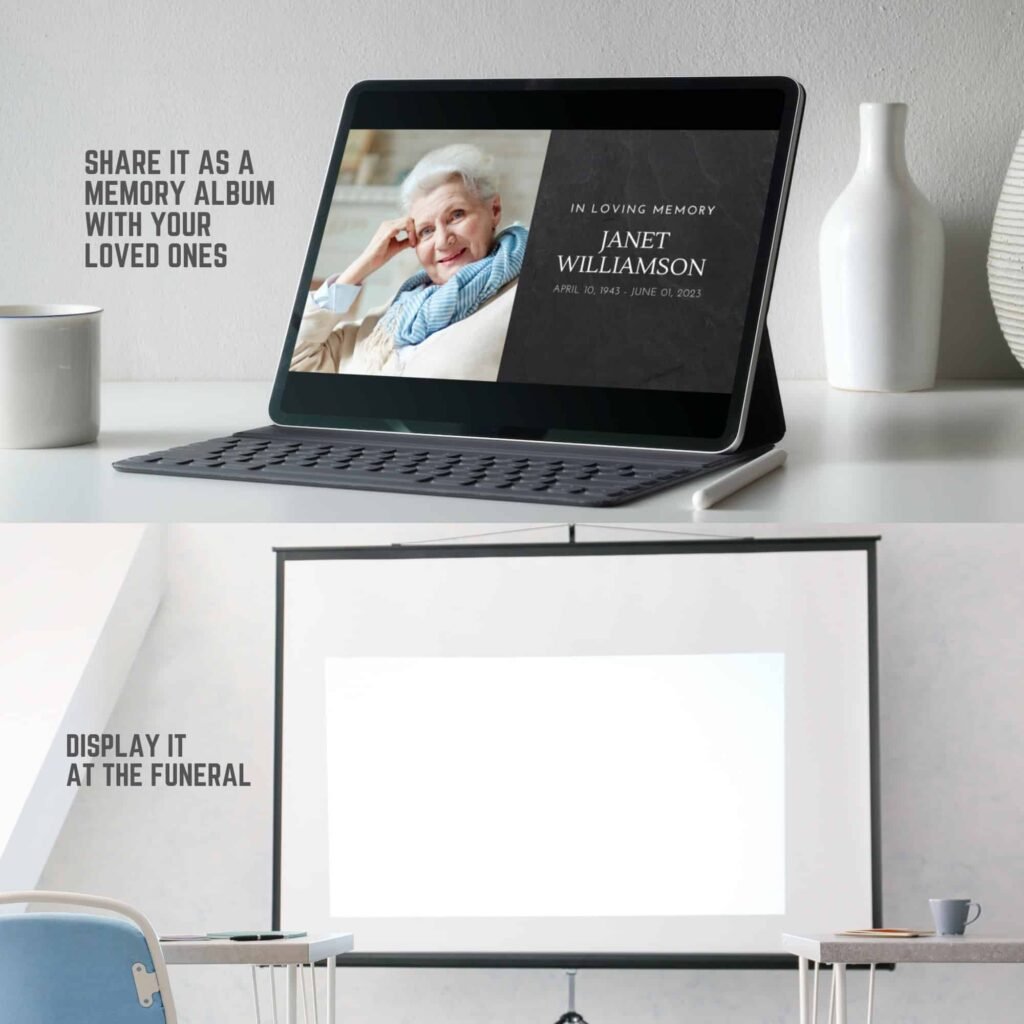 White Digital Funeral Slideshow Video Presentation Canva Template with Music
