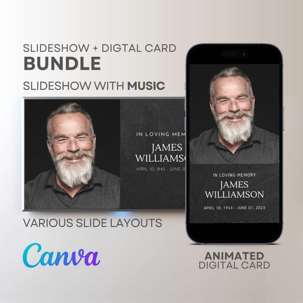 Digital Funeral Announcement Memorial Video Invitation and Slideshow Canva Template Bundle with Music