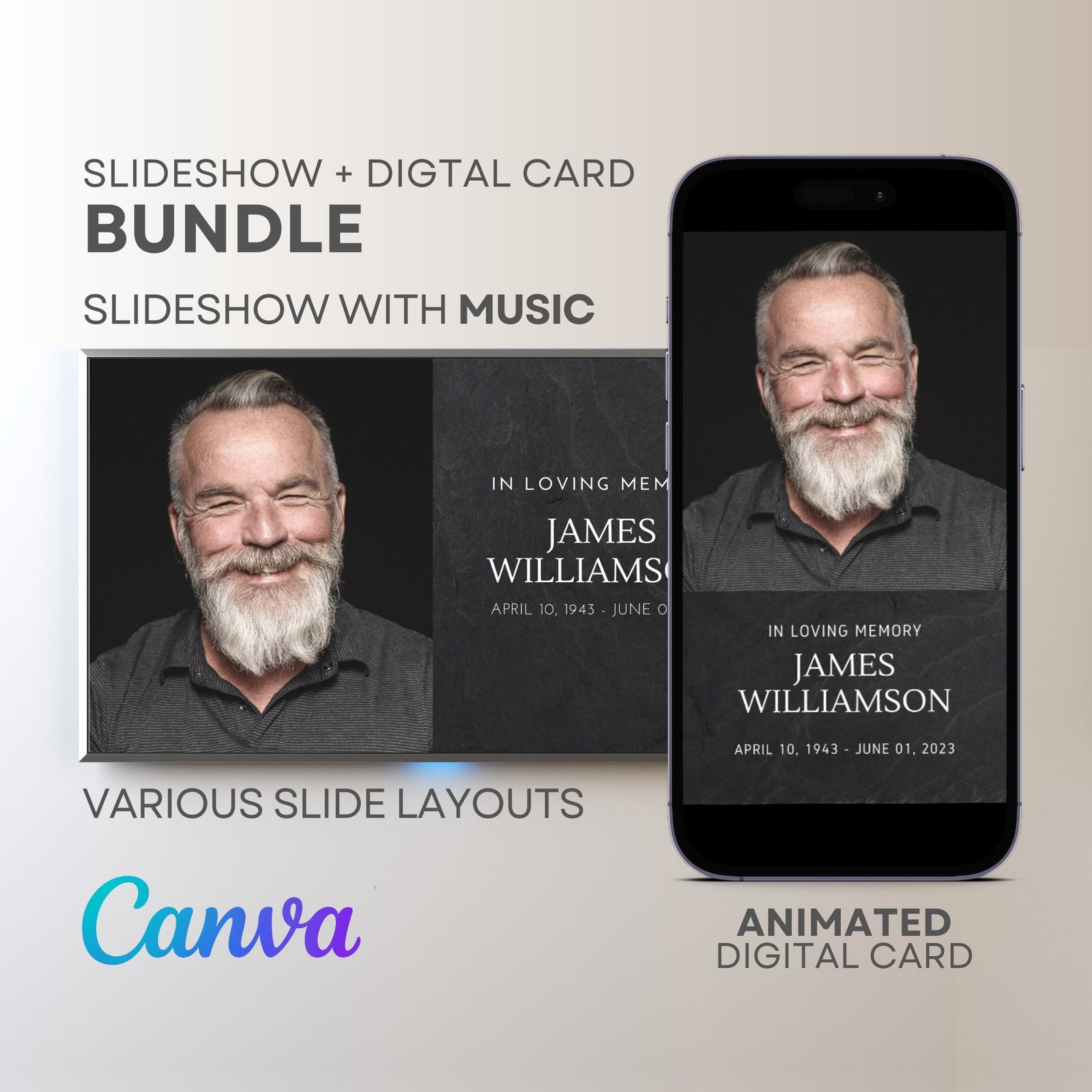 Bundle Funeral Slideshow and Digital Video Invitation Presentation Template with Music Photo Collage Movie Canva Text Image Song Editable