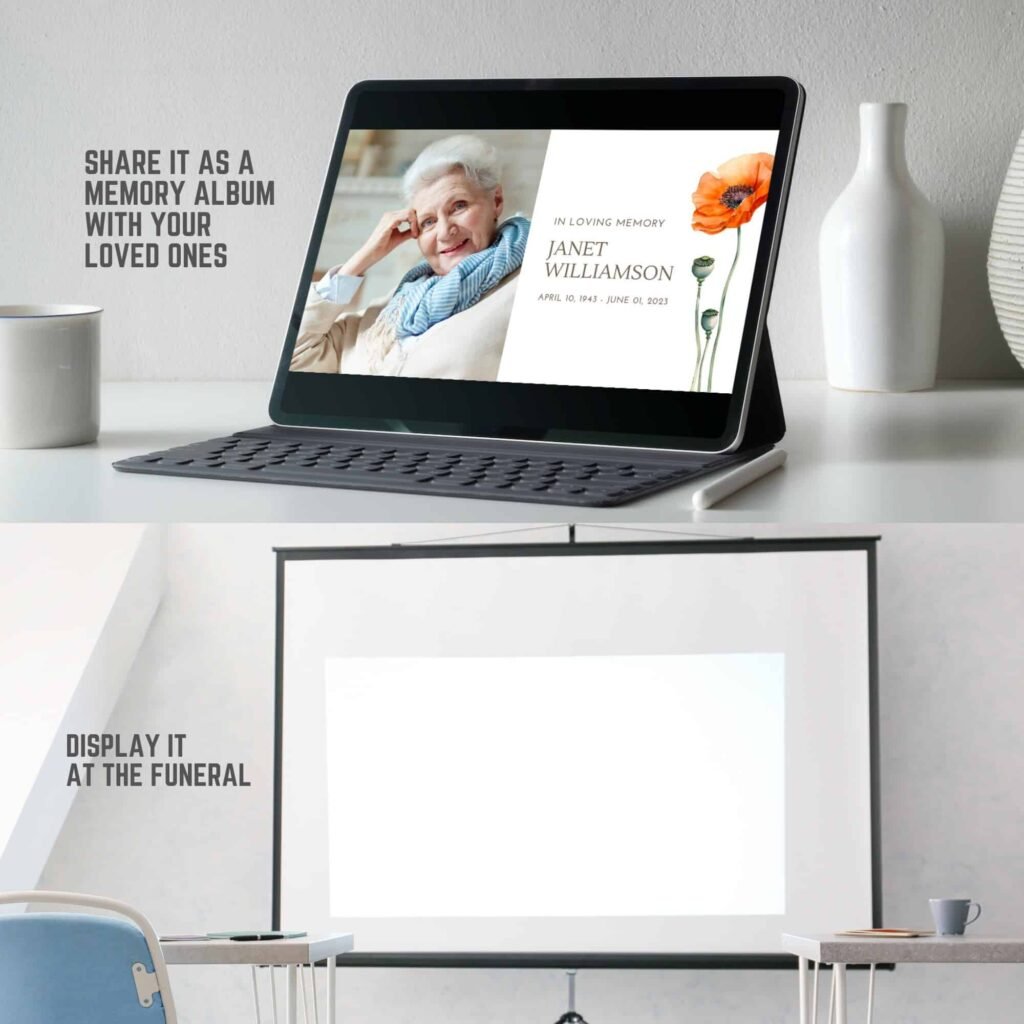 Funeral Obituary Announcement Slideshow and Video Invitation Canva Template Bundle with Music