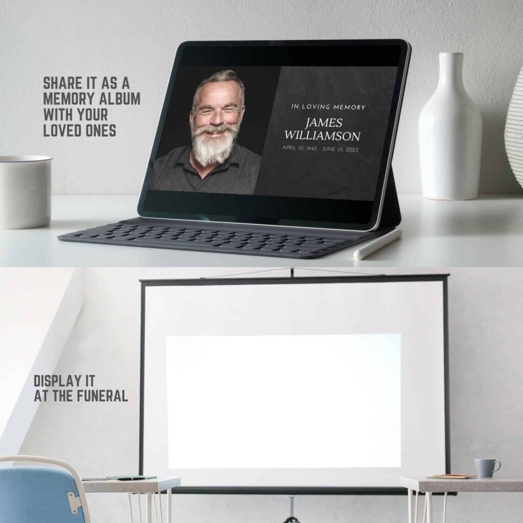Black Digital Funeral Slideshow Video Presentation Canva Template with Music