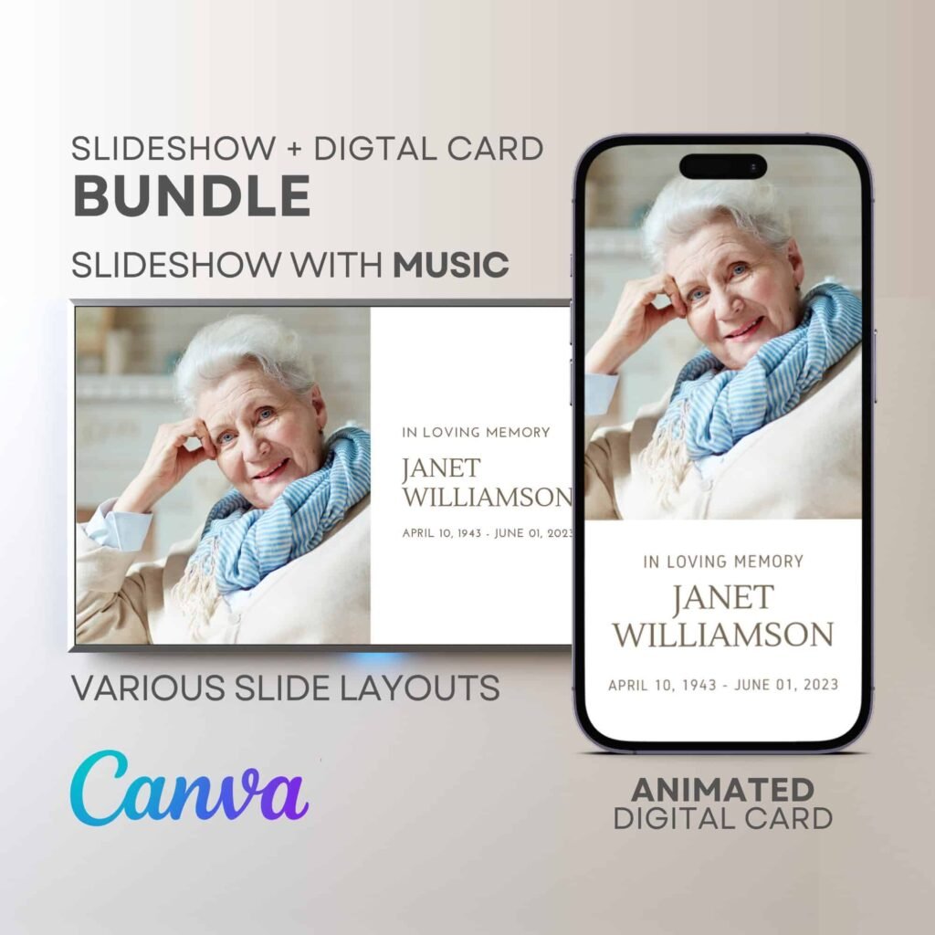 Funeral Obituary Announcement Slideshow and Video Invitation Canva Template Bundle with Music