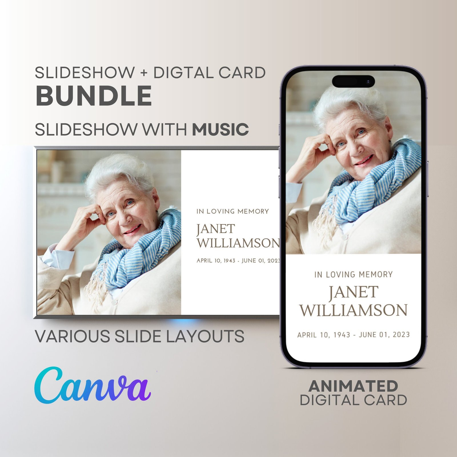 Bundle Funeral Slideshow and Digital Video Invitation Presentation Template with Music Photo Collage Movie Canva Text Image Song Editable
