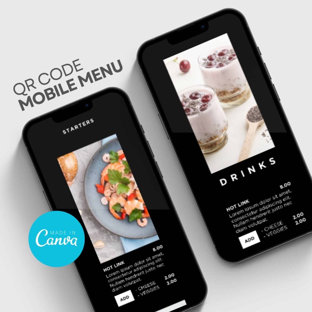 Black Digital Mobile Menu Template with QR Code Scan for Restaurants and Cafe