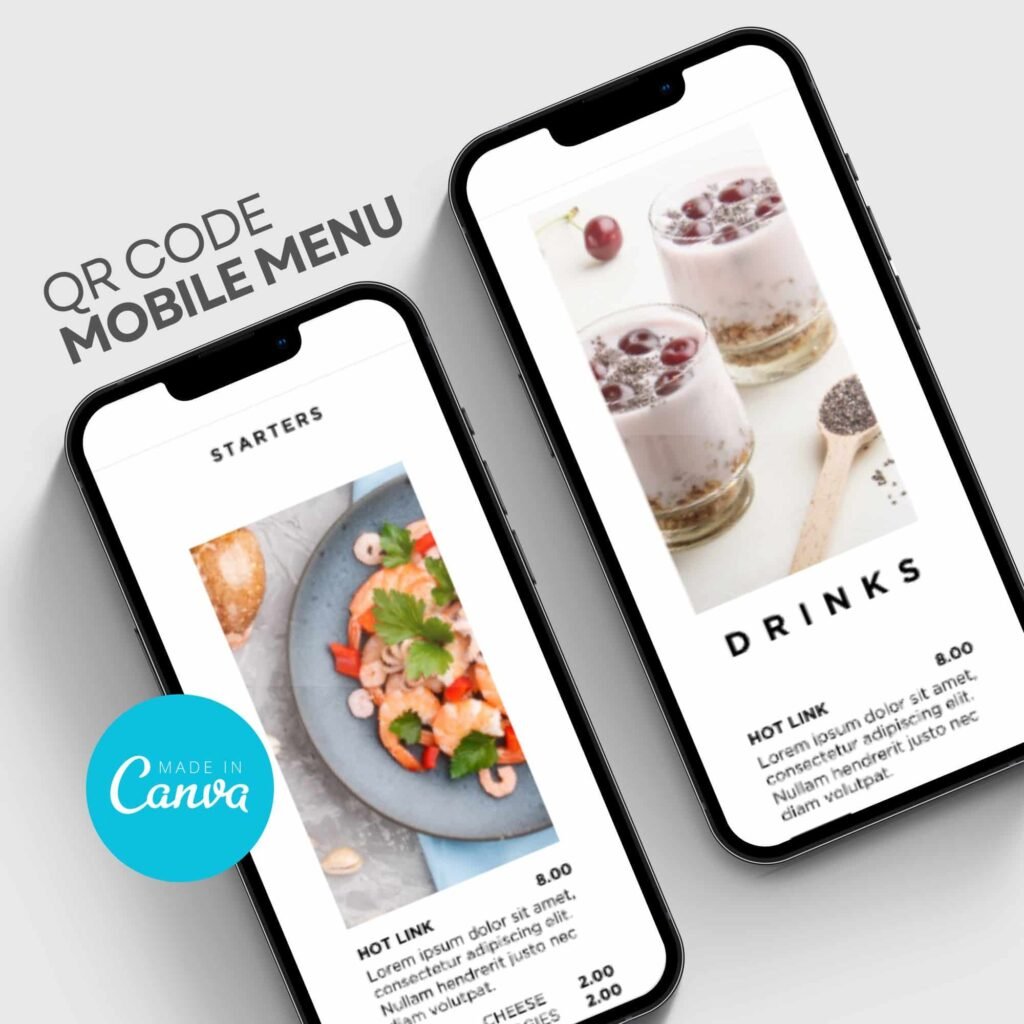 Mobile menu with starters and drinks