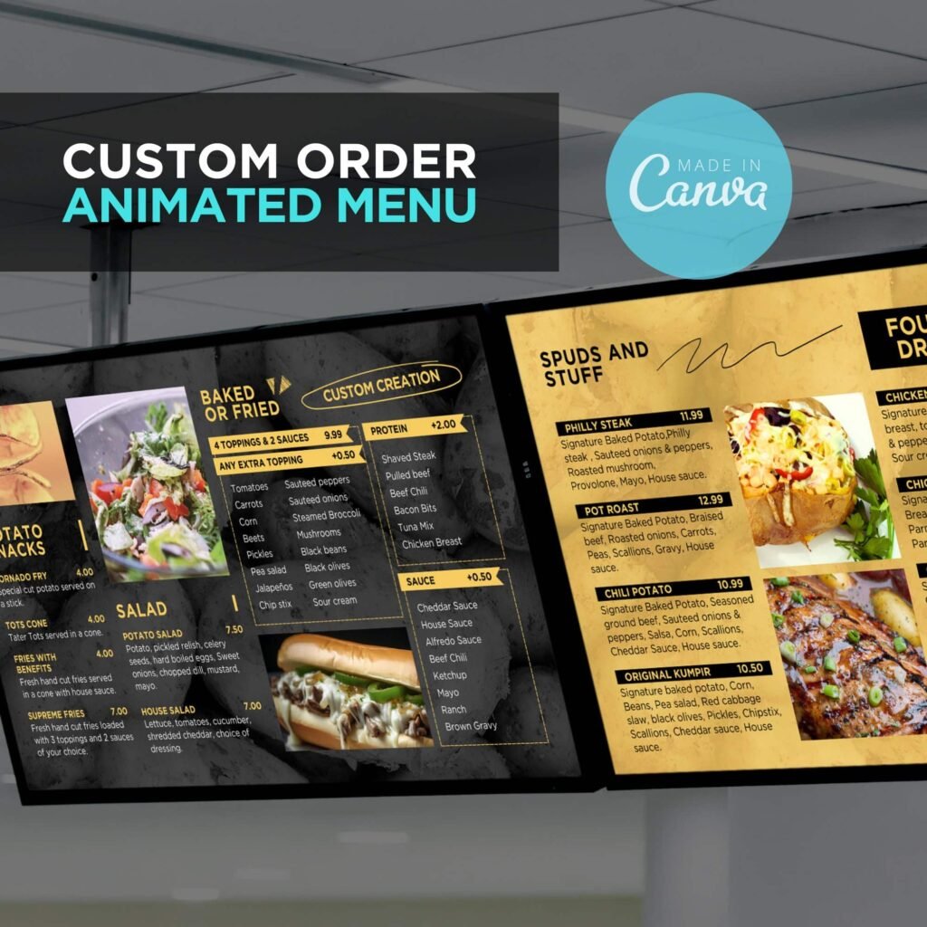 1 Screen Custom Animated TV Digital Menu Board Design Service