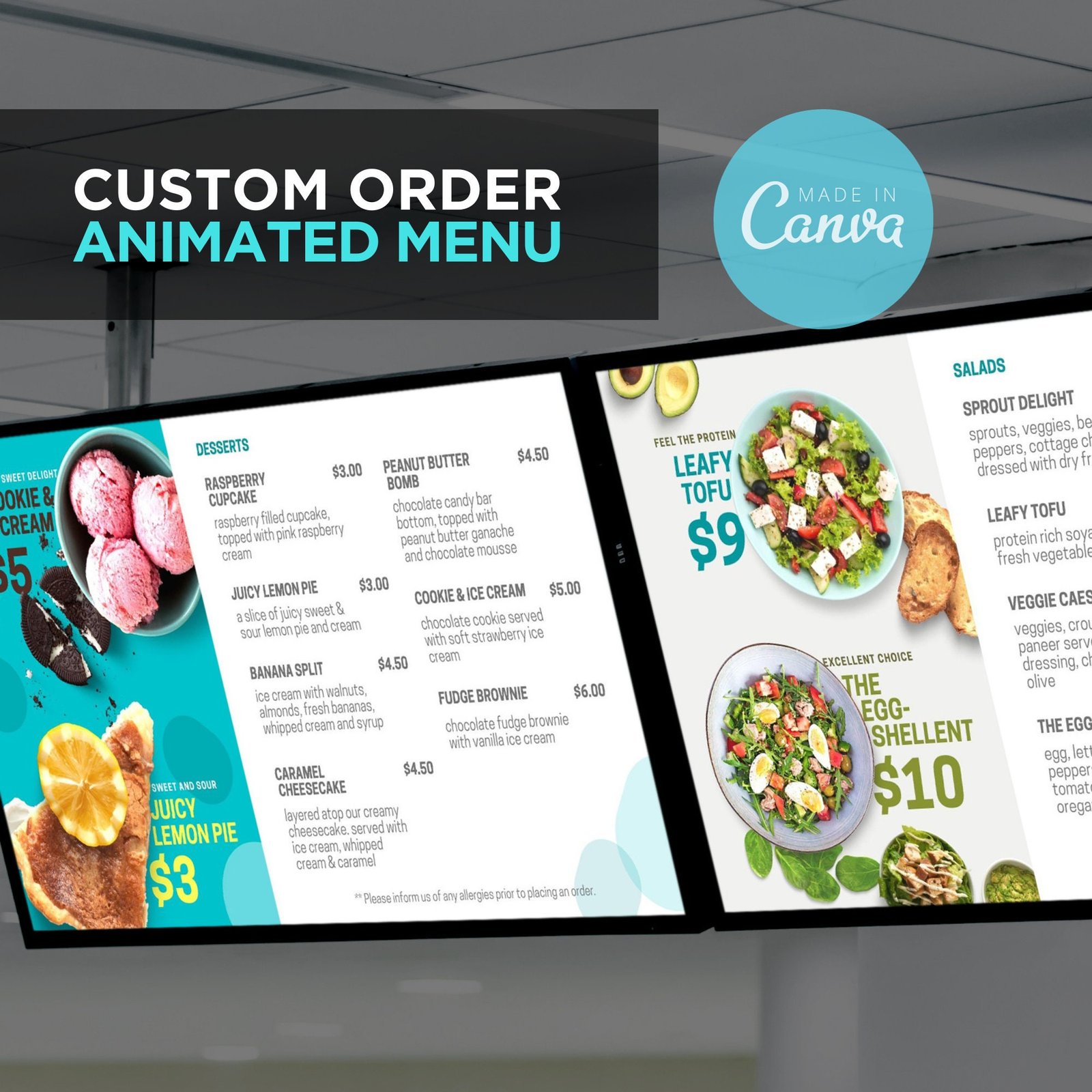 Custom Order Animated Digital TV Editable Canva Menu Board Screen for Restaurant Pizza Burger Cafe Breakfast Drive Thru Food Truck Kitchen