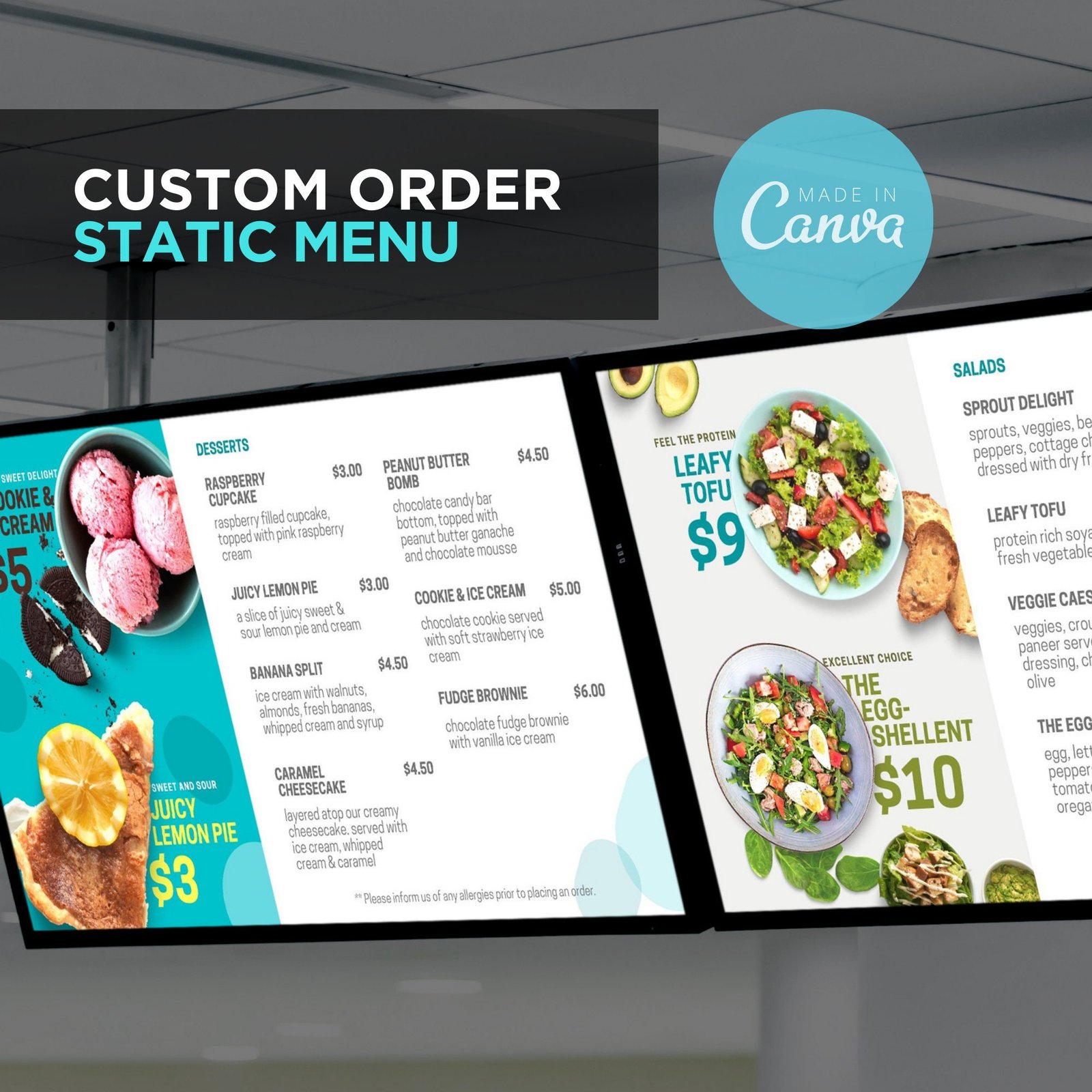 Custom Order Static Digital TV, LED Backlit, Editable Canva Menu Board Screen for Restaurant Pizza Burger Cafe Drive Thru Food Truck