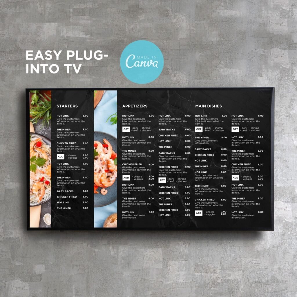 Black Restaurant and Cafe TV Digital Menu Board Horizontal Canva Template