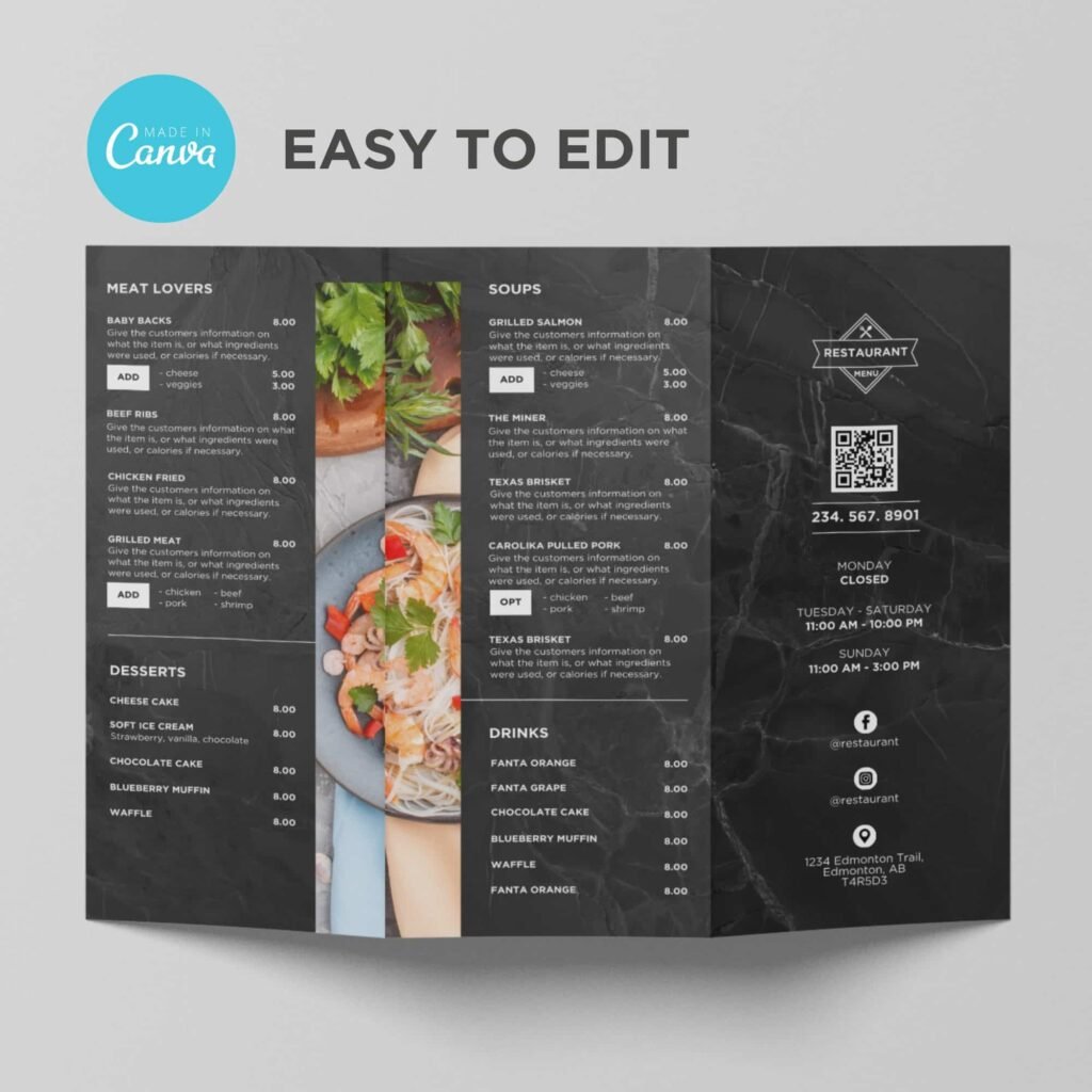 Black Printable Trifold Restaurant Takeout To Go Menu Brochure Canva Template
