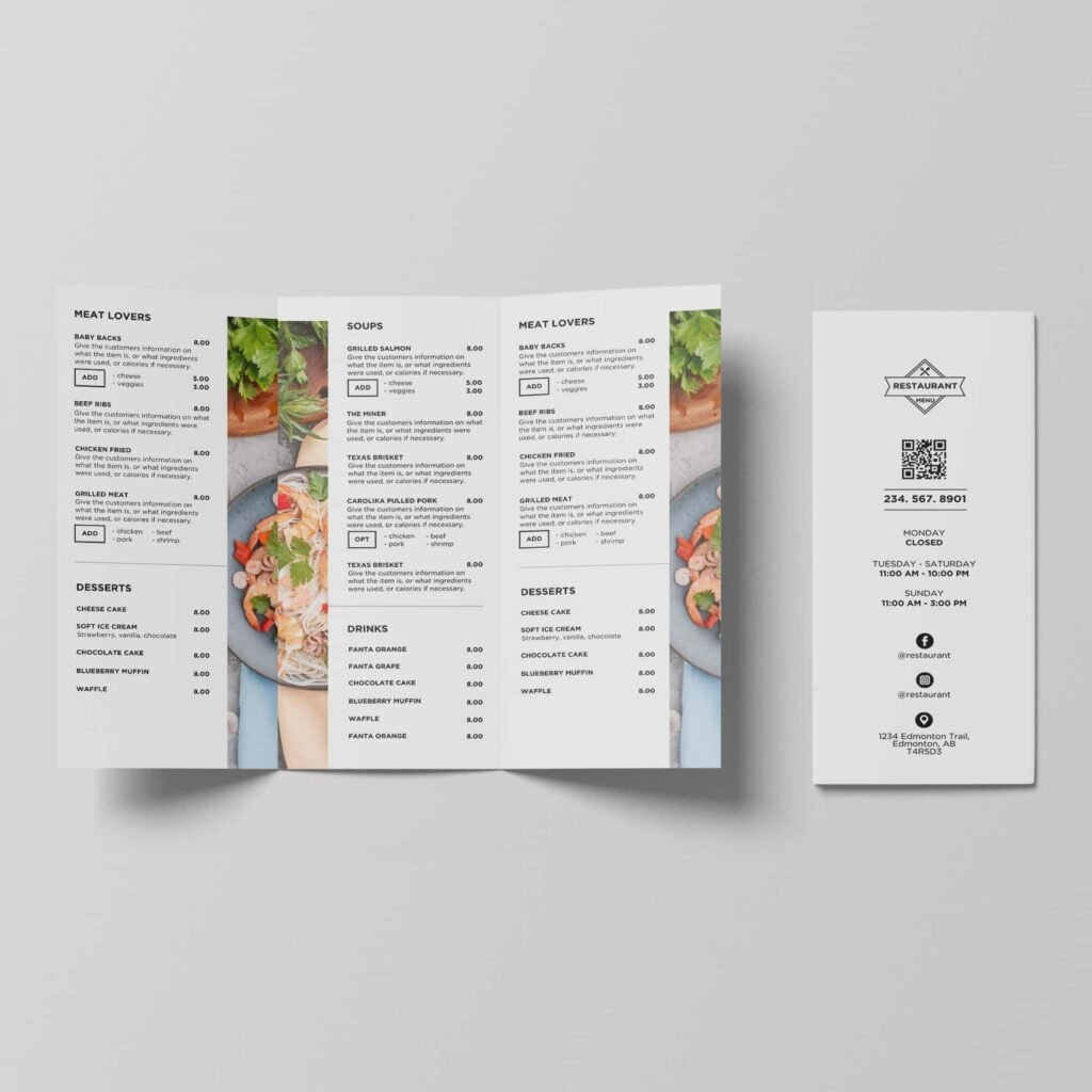 White Printable Trifold Brochure Restaurant Canva Takeout Menu Template
