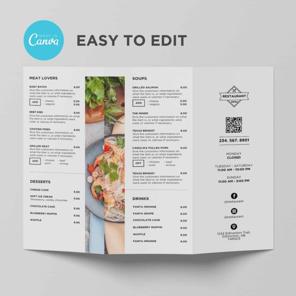 White Printable Trifold Brochure Restaurant Canva Takeout Menu Template