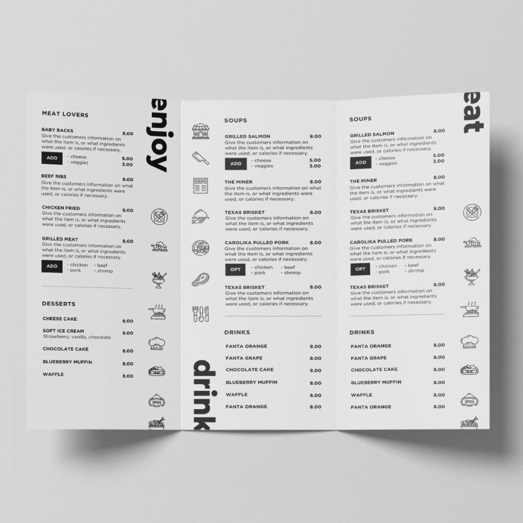 Restaurant menu with food and drink options