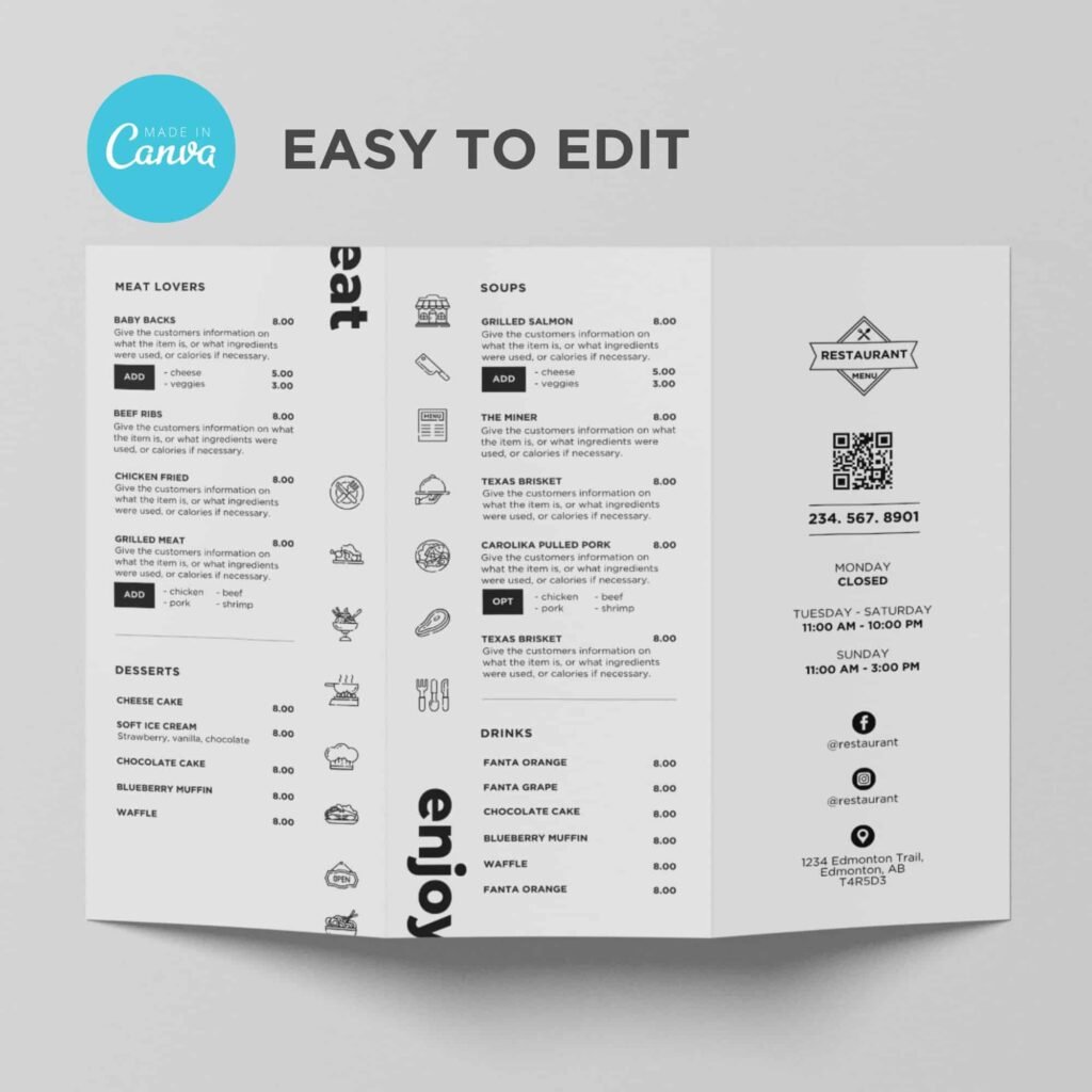 Restaurant menu with various options