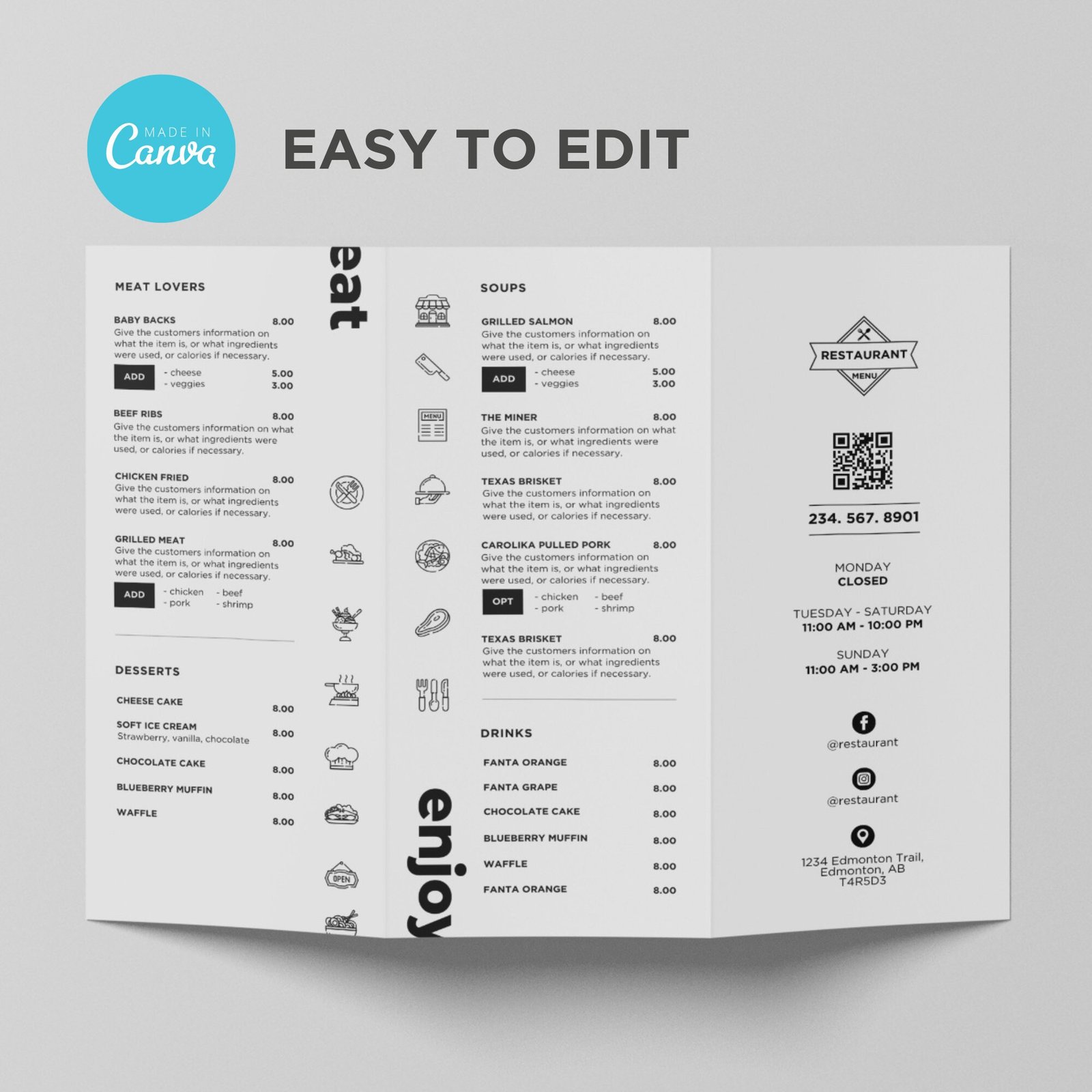 Trifold Takeout To Go Brochure Menu Template for Restaurant Pizza Burger Cafe Breakfast Drive Thru Food Truck Kitchen Canva Editable Modern