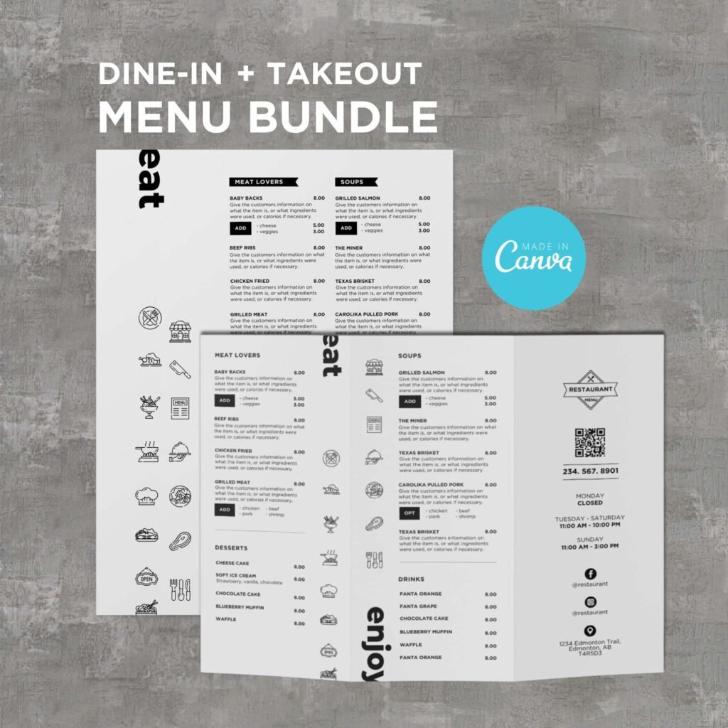 Simple White Table DIY Menu and Matching Takeout Menu Canva Template Bundle