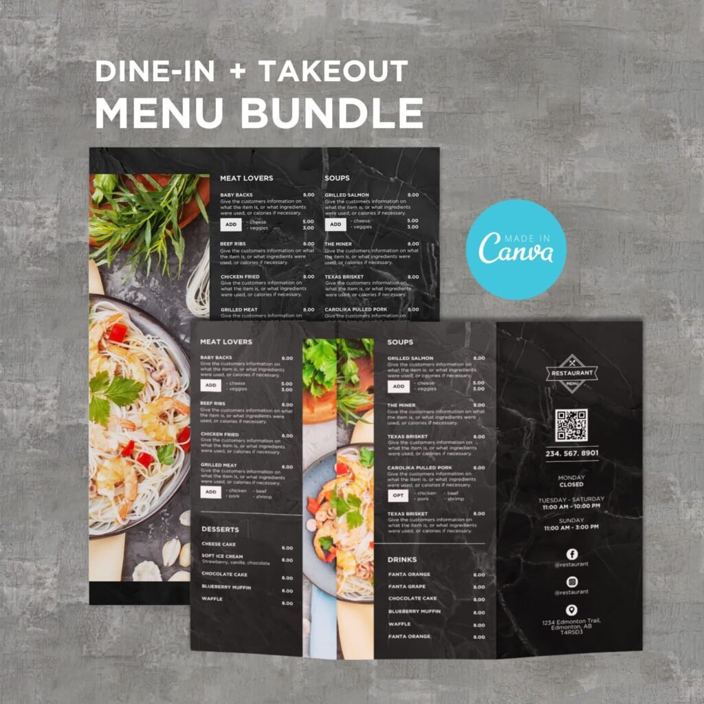 Black Table Menu and Matching Takeout Menu Canva Template Bundle