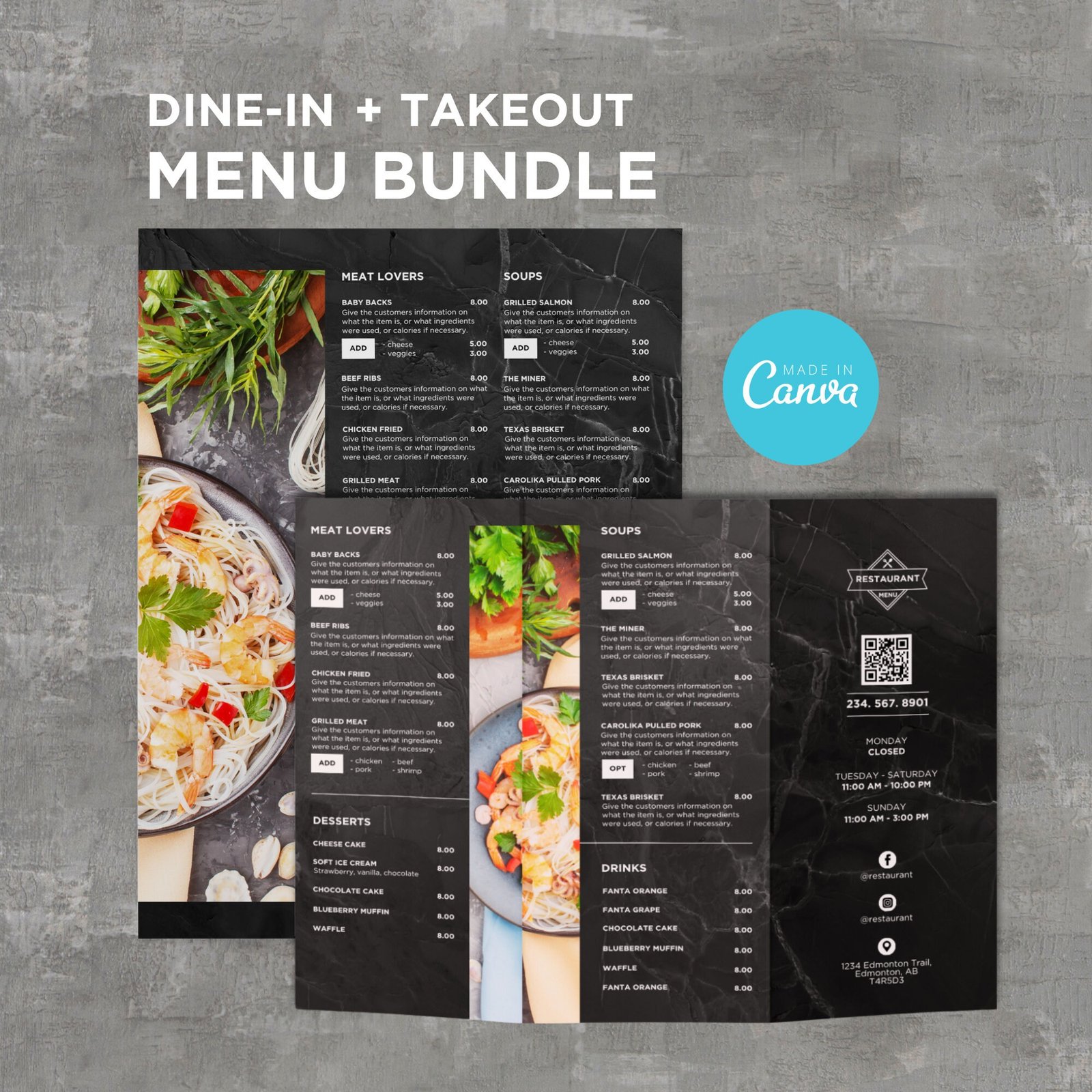 Bundle DIY Dine-in Menu Takeout Template for Restaurant Pizza Burger Cafe Breakfast Drive Thru Food Truck Kitchen Canva Editable