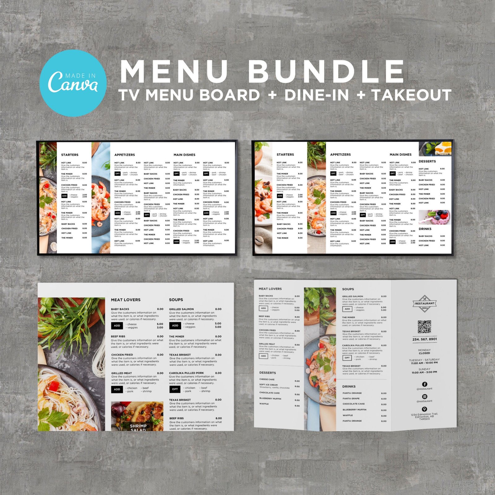Bundle DIY TV Digital Menu Board Screen Takeout Template for Restaurant Pizza Burger Breakfast Drive Thru Food Truck Kitchen Canva Editable