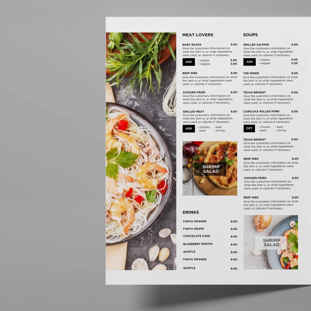 White Table Menu and Matching Takeout Menu Canva Template Bundle