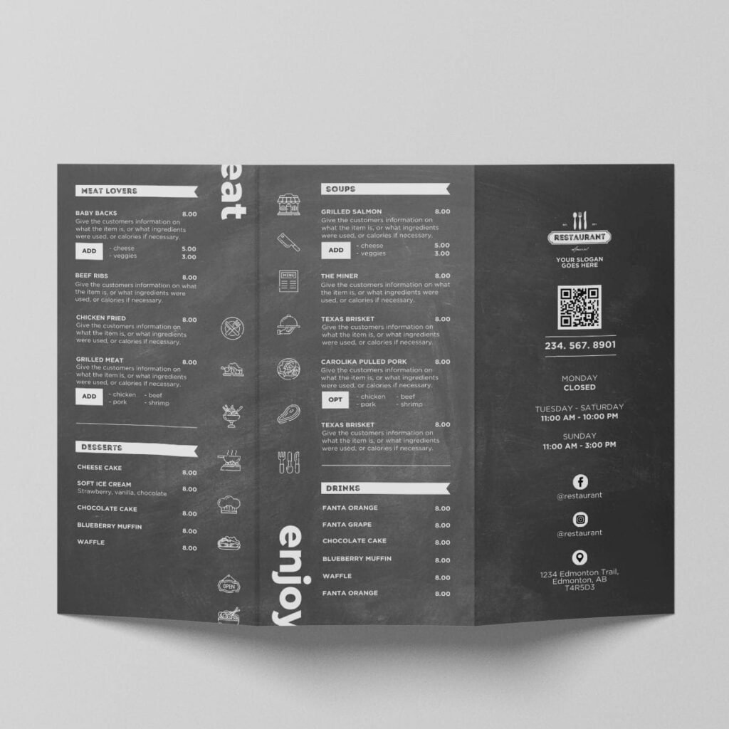 Chalkboard Horizontal TV Digital Menu Board and Matching Takeout Menu Canva Template Bundle
