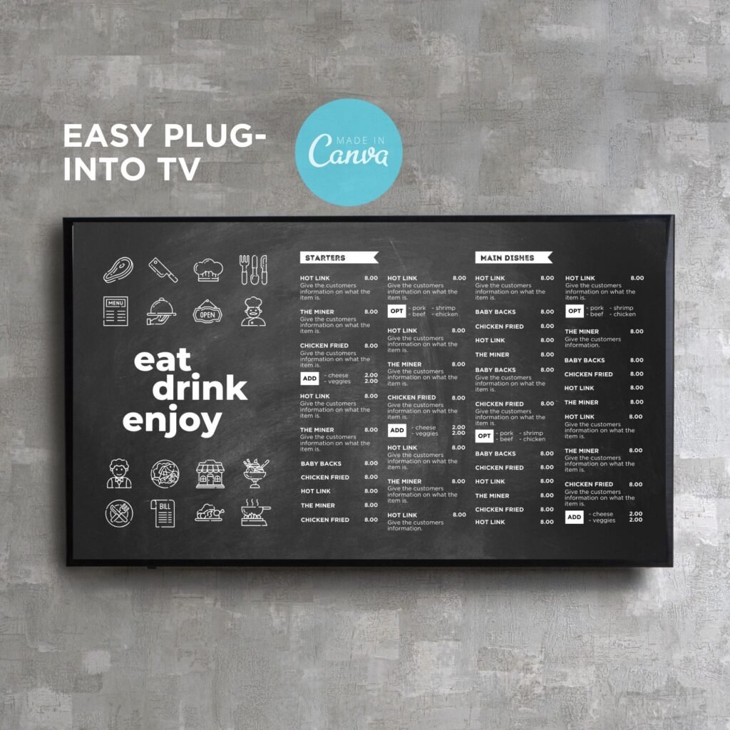 Chalkboard TV Digital Menu Board Horizontal Canva Template
