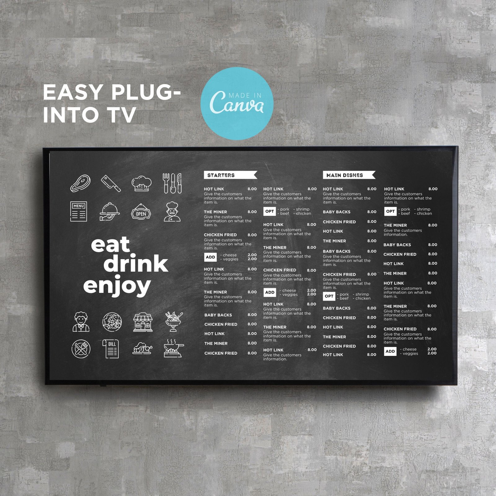 DIY Static TV Editable Digital Menu Board Screen Canva Template for Restaurant Pizza Burger Cafe Breakfast Drive Thru Food Truck Kitchen