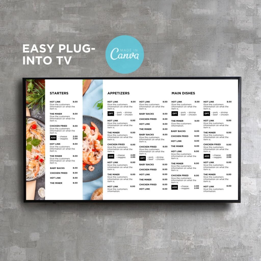 White Restaurant and Cafe TV Digital Menu Board Horizontal Canva Template