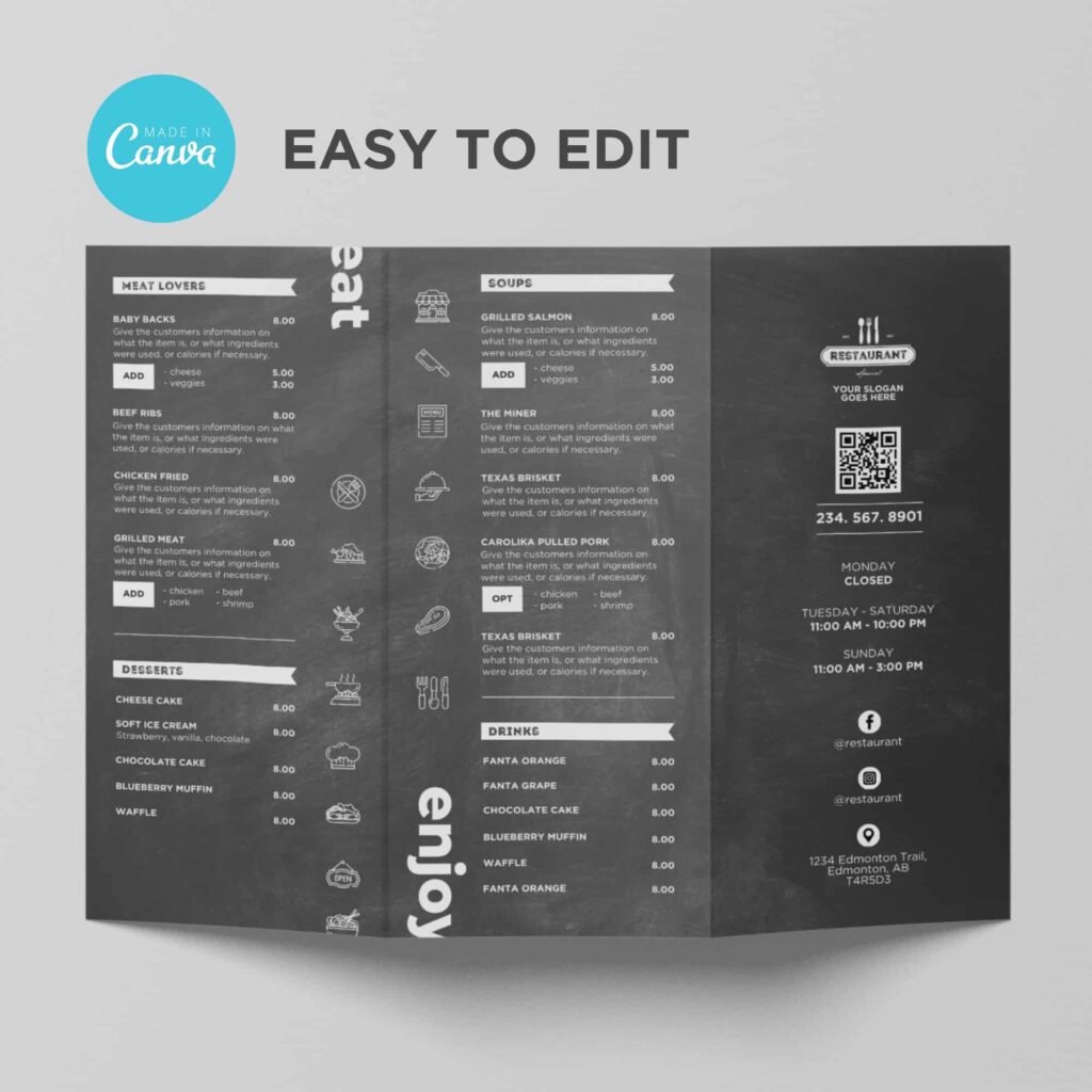 Chalkboard Printable Canva Trifold Brochure Restaurant Takeout Menu Template