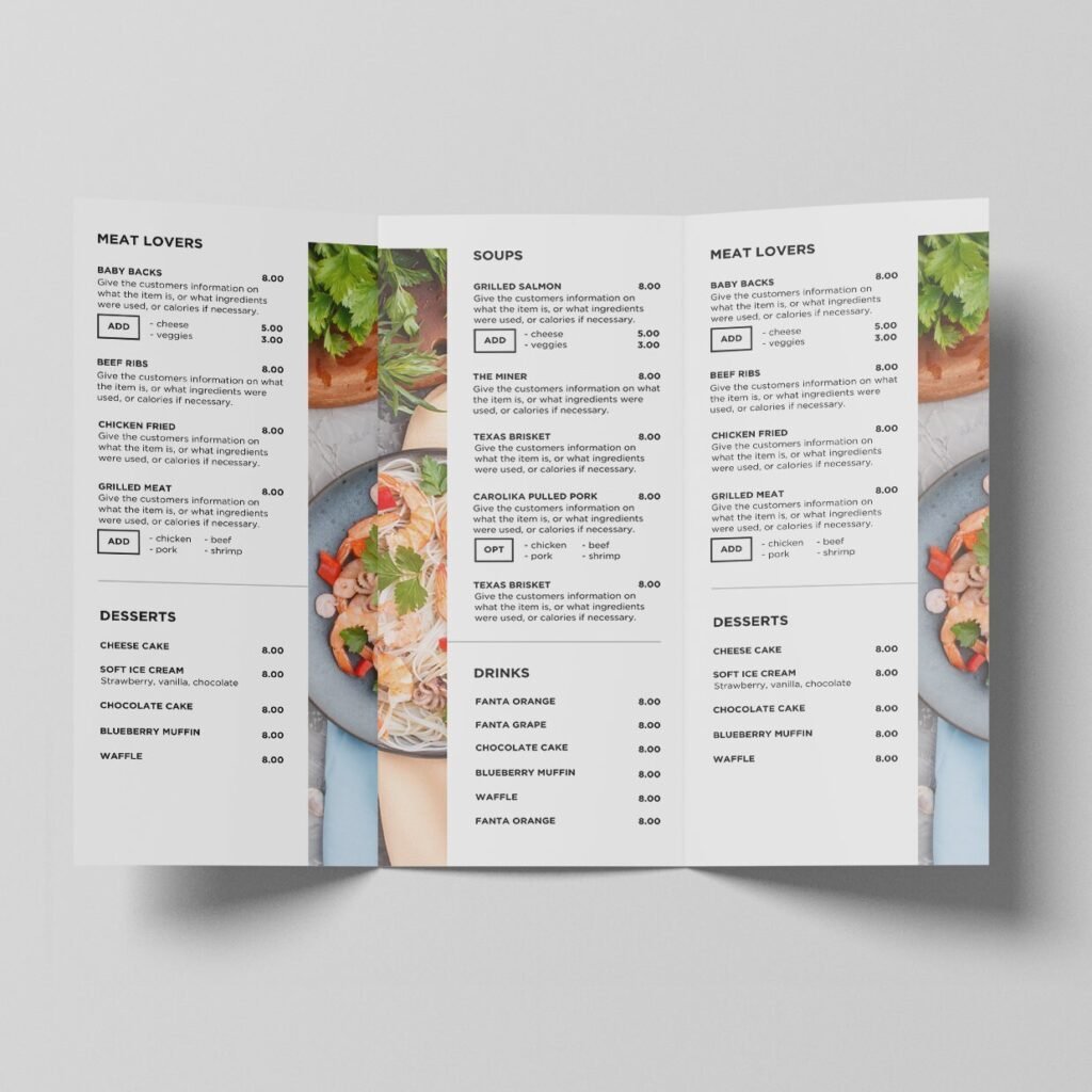 White Printable Trifold Brochure Restaurant Canva Takeout Menu Template