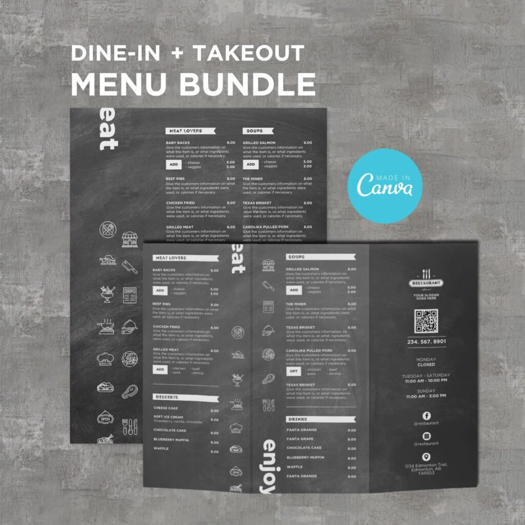 Chalkboard Table Dine-in Menu and Matching Takeout Menu Canva Template Bundle
