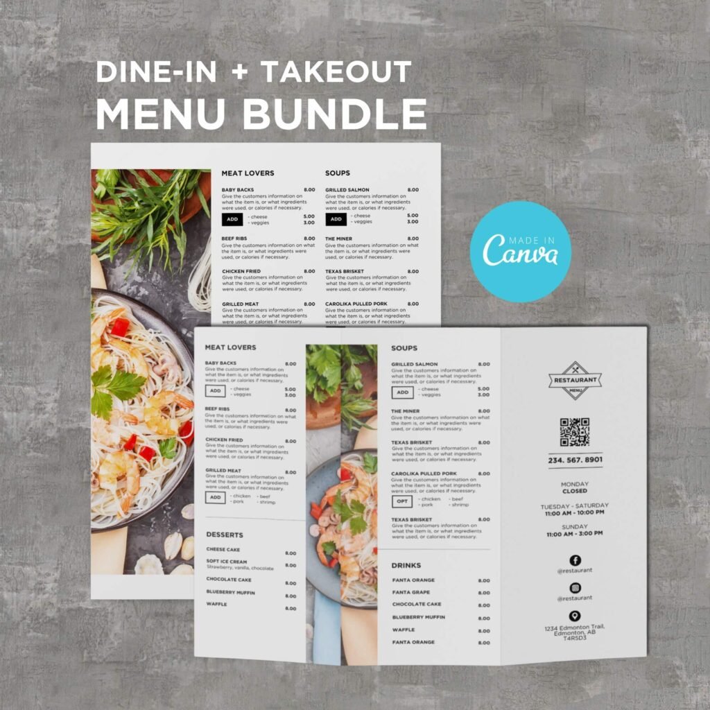 White Table Menu and Matching Takeout Menu Canva Template Bundle