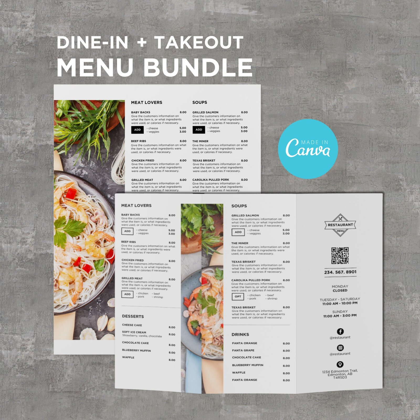 Bundle DIY Dine-in Menu Takeout Template for Restaurant Pizza Burger Cafe Breakfast Drive Thru Food Truck Kitchen Canva Editable