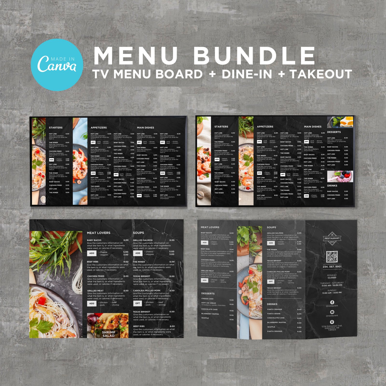 Bundle DIY TV Digital Menu Board Screen Takeout Template for Restaurant Pizza Burger Breakfast Drive Thru Food Truck Kitchen Canva Editable