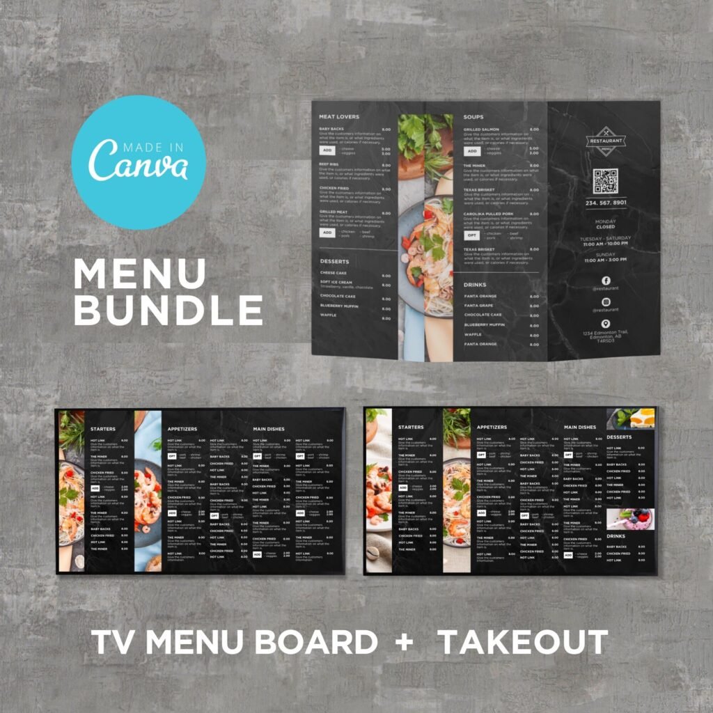 Black Horizontal TV Digital Menu Board and Matching Takeout Menu Canva Template Bundle