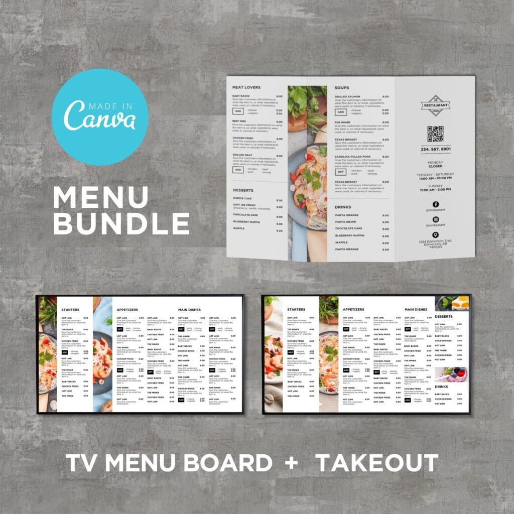 White Horizontal TV Digital Menu Board and Matching Takeout Menu Canva Template Bundle