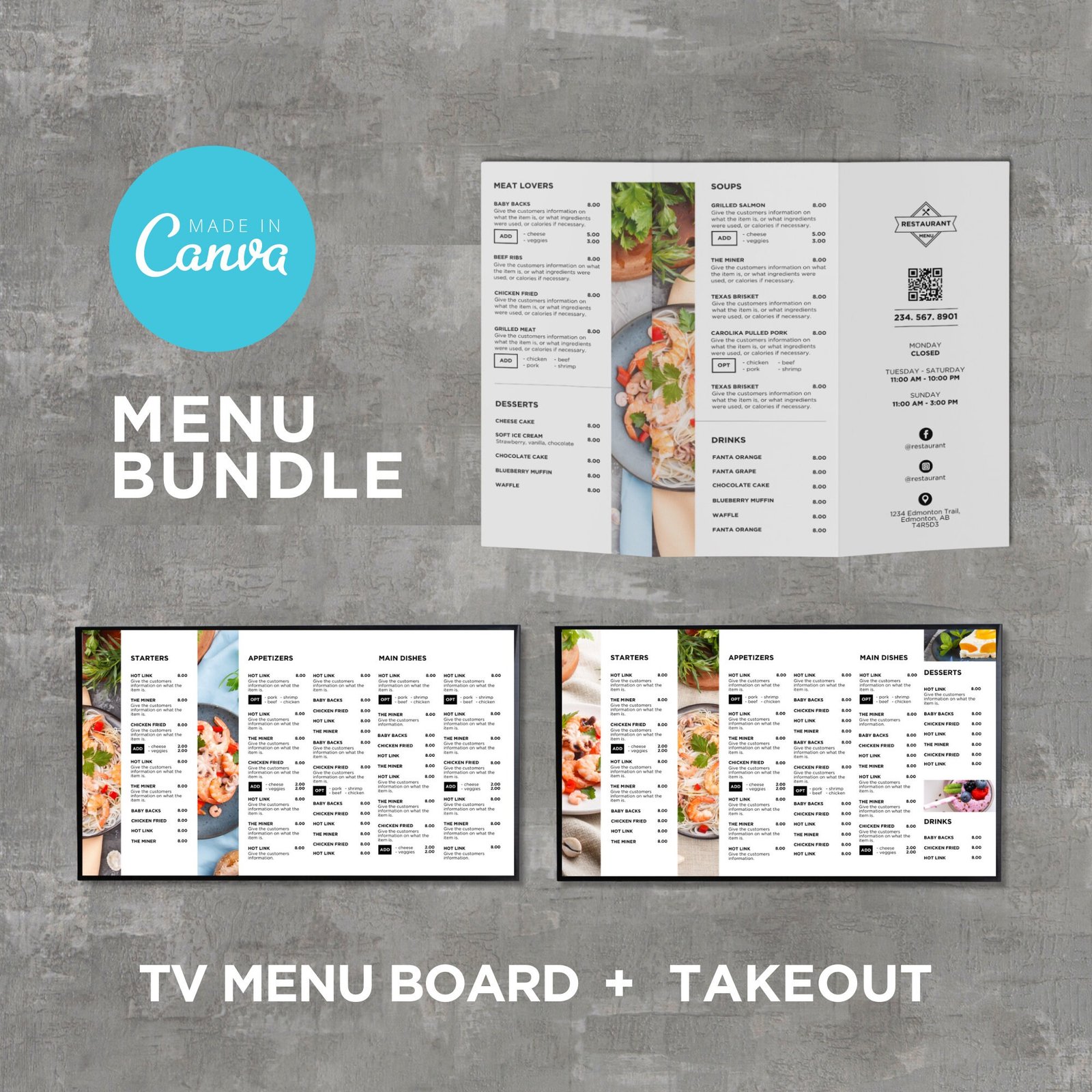 Bundle DIY TV Digital Menu Board Screen Takeout Template for Restaurant Pizza Burger Breakfast Drive Thru Food Truck Kitchen Canva Editable