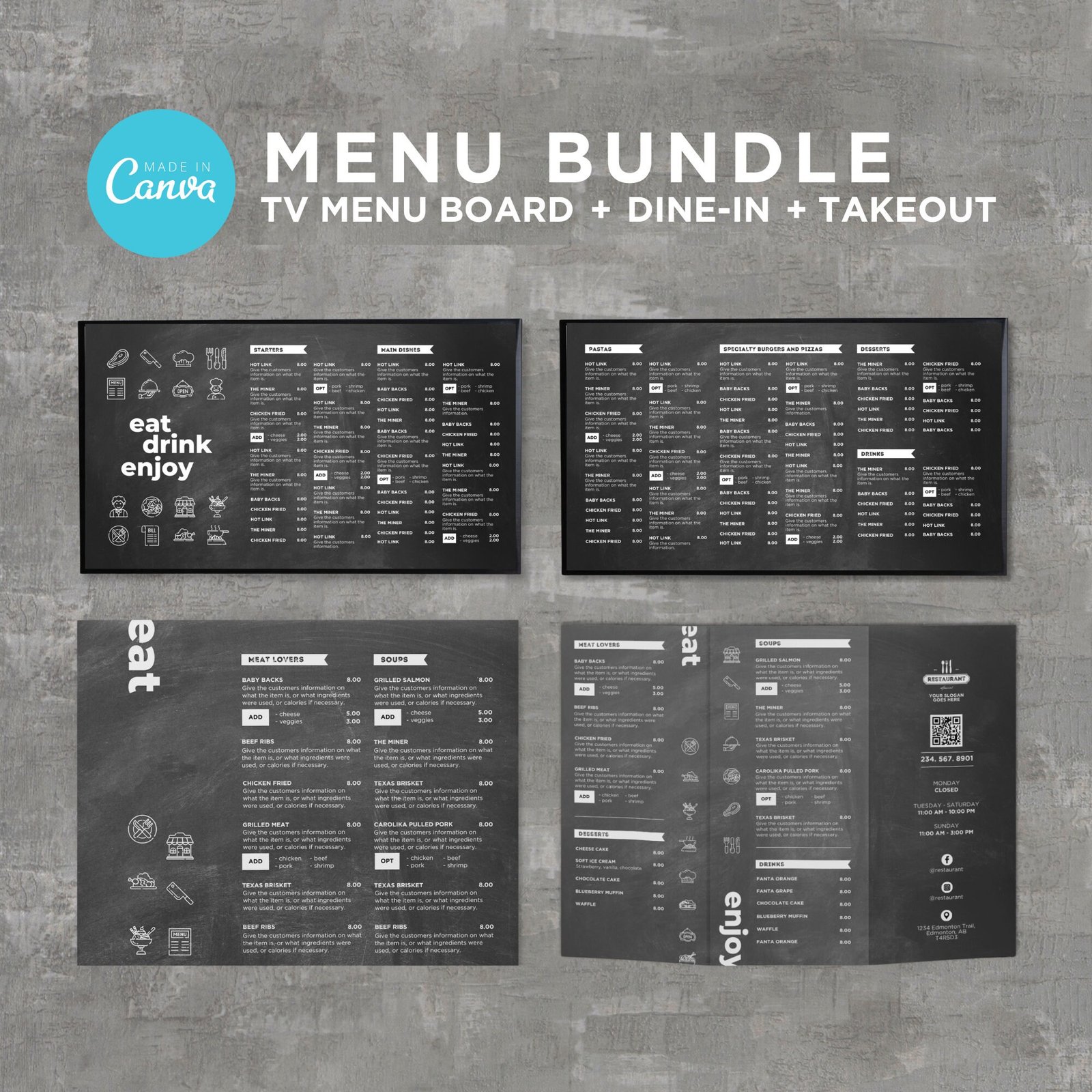 Bundle DIY TV Digital Menu Board Screen Takeout Template for Restaurant Pizza Burger Breakfast Drive Thru Food Truck Kitchen Canva Editable