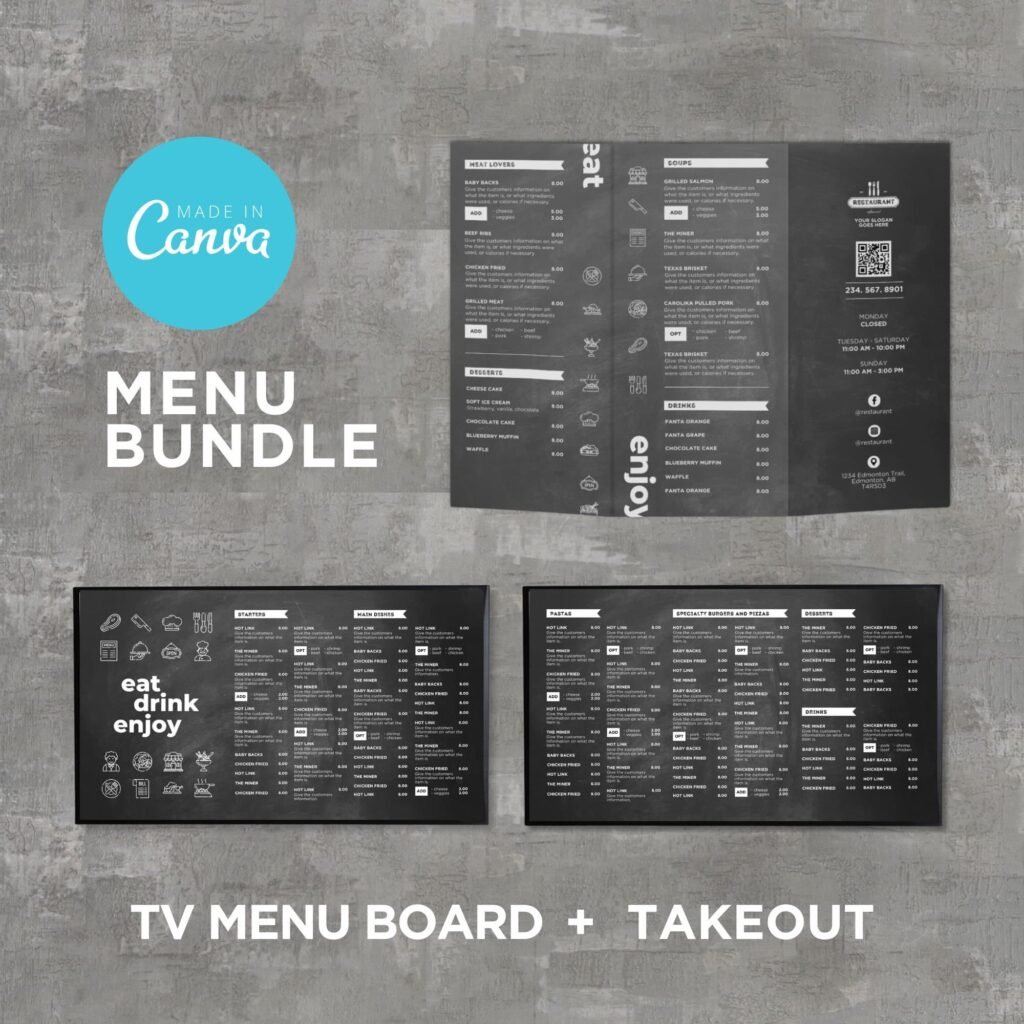 Chalkboard Horizontal TV Digital Menu Board and Matching Takeout Menu Canva Template Bundle