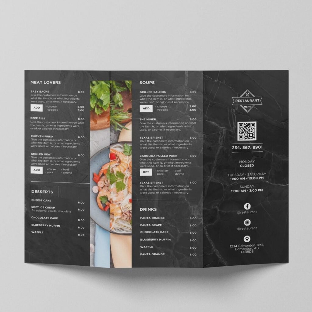 Black Horizontal TV Digital Menu Board and Matching Takeout Menu Canva Template Bundle