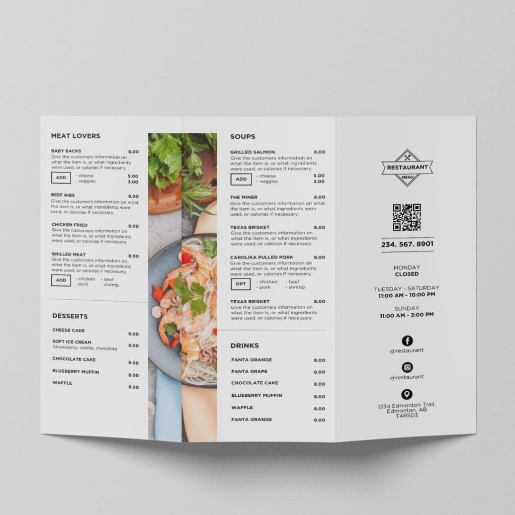 White Vertical TV Digital Menu Board and Matching Takeout Menu Canva Template Bundle