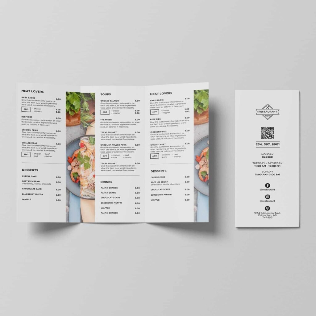 White Table Menu and Matching Takeout Menu Canva Template Bundle
