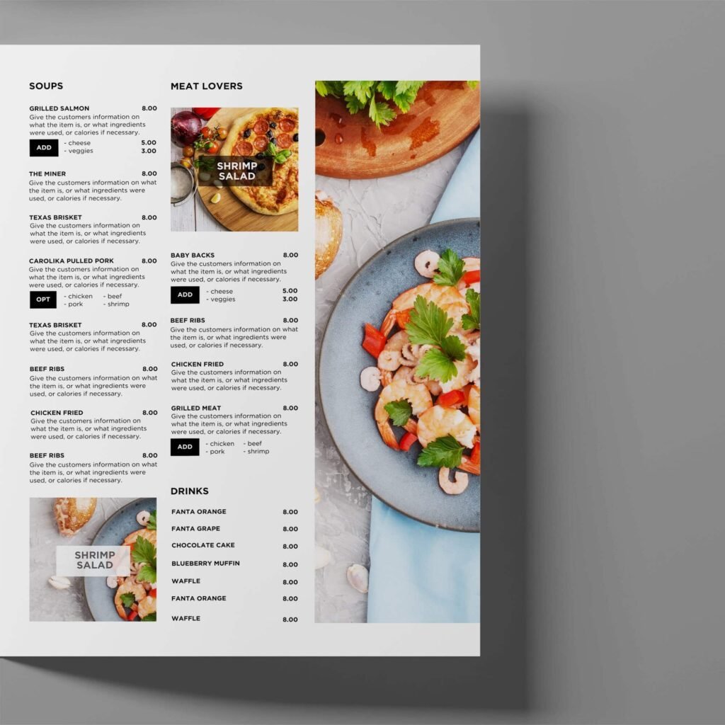 White Table Menu and Matching Takeout Menu Canva Template Bundle
