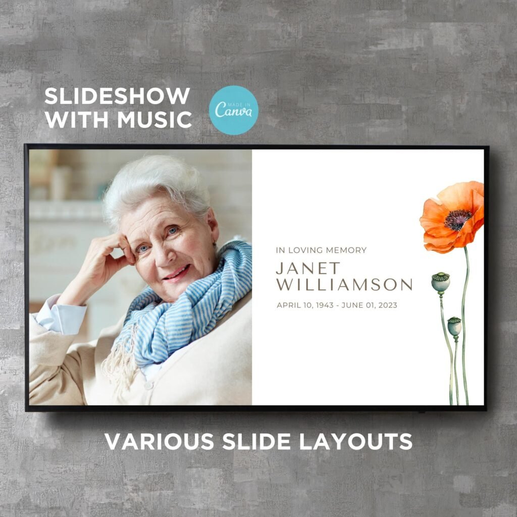 White Digital Funeral Slideshow Video Presentation Canva Template with Music