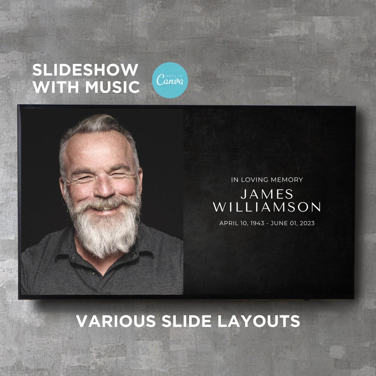Funeral Slideshow Presentation Template with Music Photo Collage Slide Show Digital Video Movie Album Book Canva Text Image Song Editable