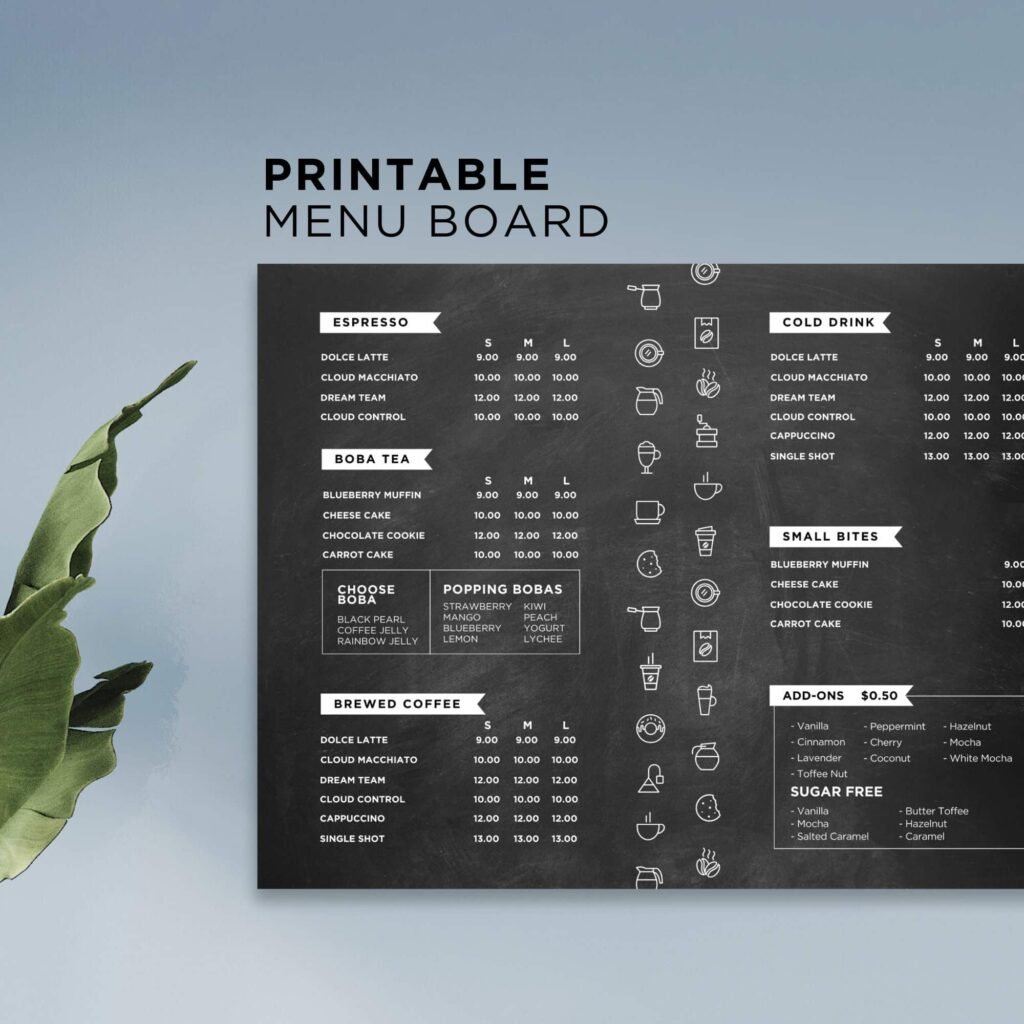 Printable Chalkboard Menu Board Horizontal Restaurant and Cafe Canva Template