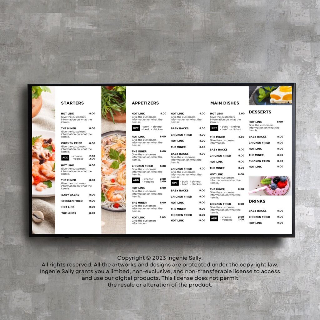 White Restaurant and Cafe TV Digital Menu Board Horizontal Canva Template